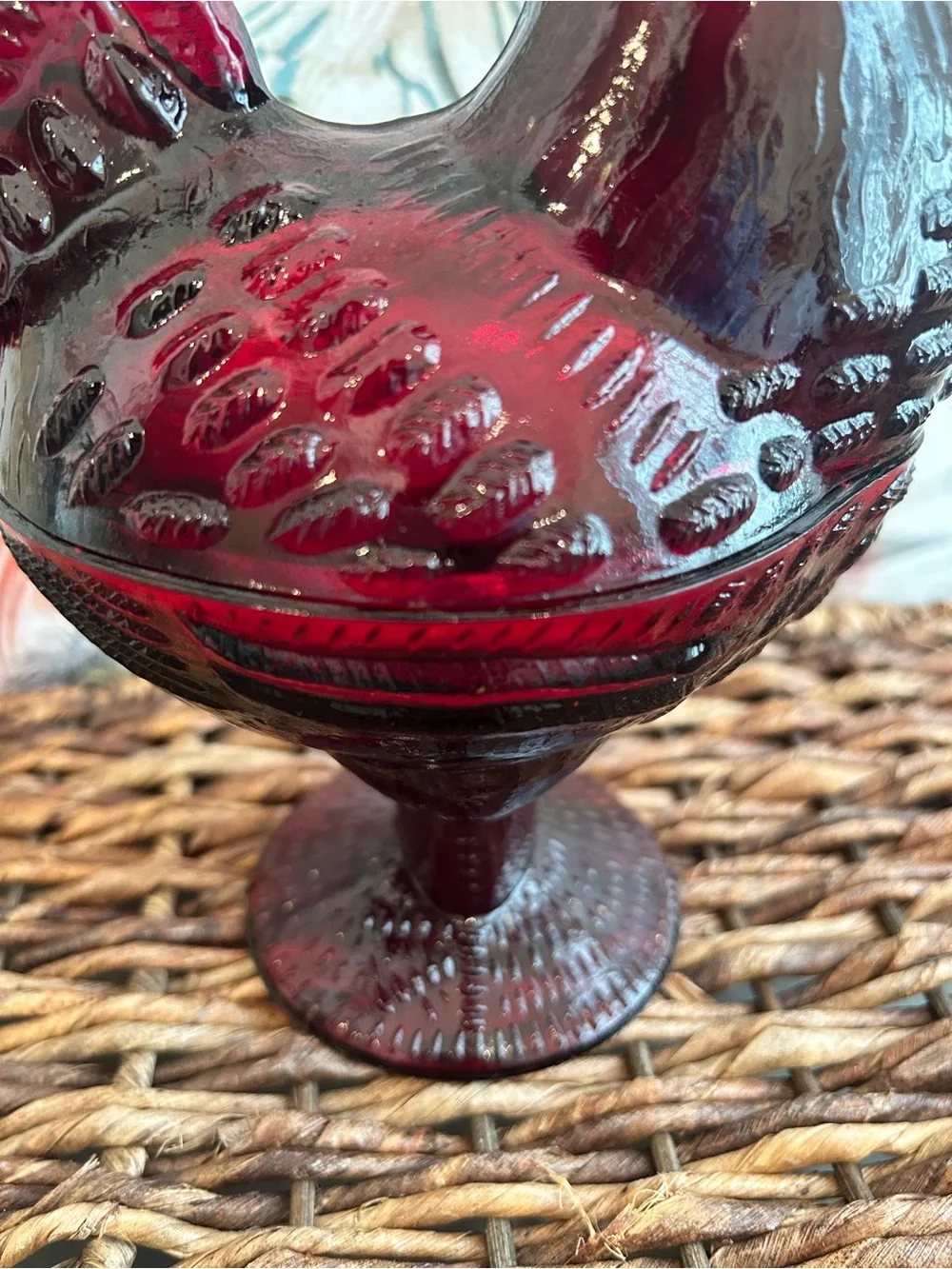 Ruby Red Glass Rooster Covered Dish Farmhouse Kitchen Decor Candy Trinket Box